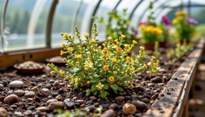 protected alpine herb thriving in conservation greenhouse under natural filtered light for botanical preservation campaigns