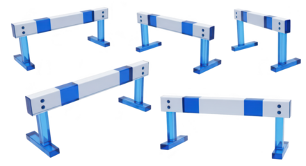 Hurdles arranged on white demonstrating obstacles challenges or competition for concepts like progress achievement or overcoming