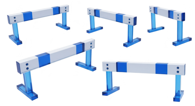 Hurdles arranged on white demonstrating obstacles challenges or competition for concepts like progress achievement or overcoming