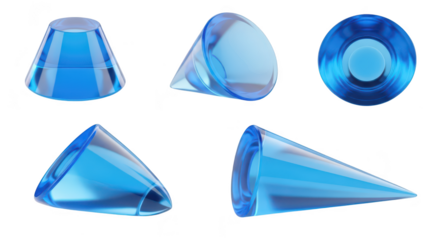 Glass cones are shown in various perspectives with a white background showcasing their transparency and use in design or illustrations