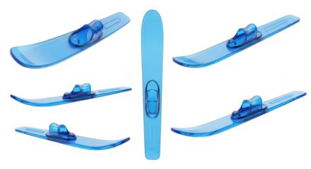 Transparent blue ski sets studio shot different angles isolated on white showing details for digital product creation