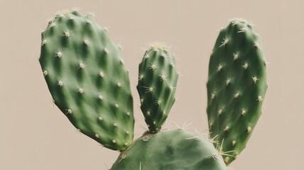 A closeup of a prickly pear cactus against a neutral background
