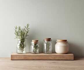 Balanced kitchen-style scene with rosemary and jars on oak board.