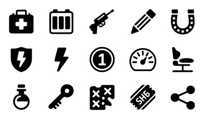 Medical first aid kit lightning bolt shield pencil horseshoe battery gun vector
