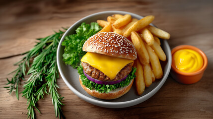 A big cheeseburger with french fries on a wooden table. 
