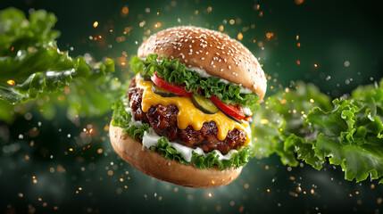 A flying hamburger on green background. 