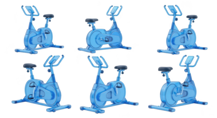Six blue stationary exercise bikes arranged in a grid on a pure white background for fitness and workout advertising