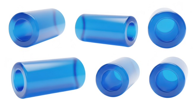 Blue translucent tubes displayed at multiple angles on a white background likely used for medical or scientific visualization