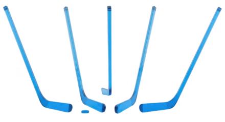 Blue transparent hockey sticks and puck arranged against a clean white background Suitable for sports graphics educational materials or product representation