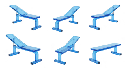Blue transparent workout benches in various positions shot in a studio environment for use as health and fitness stock imagery
