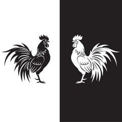 Stylized rooster vector illustration in black and white. A graphic design element of a cockerel for a farm logo or emblem.