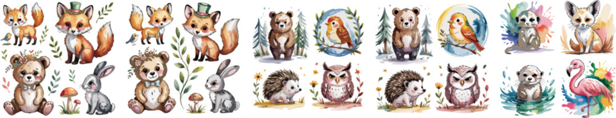 Fototapeta premium Watercolor Woodland Animals Cute Fox, Bear, Rabbit, Hedgehog, Owl, Otter, and Flamingo Illustrations