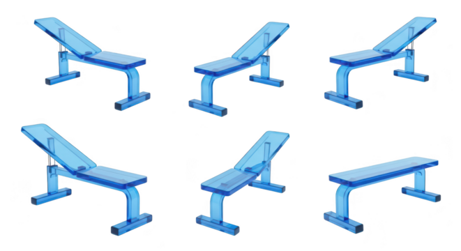 Blue transparent workout benches in various positions shot in a studio environment for use as health and fitness stock imagery