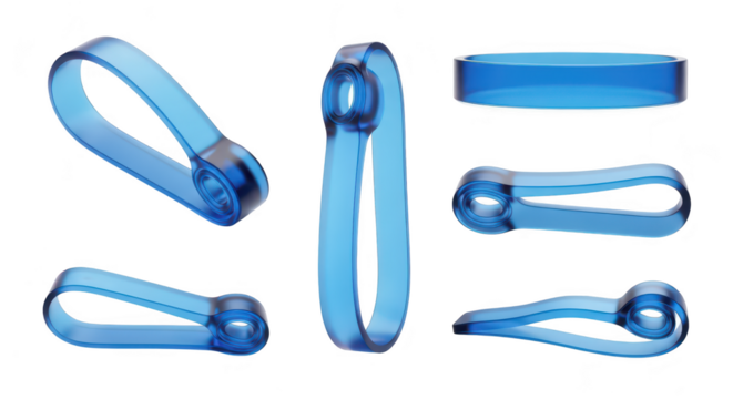 Six translucent blue rubber bands arranged on white background showcasing shapes Potential usage product illustration