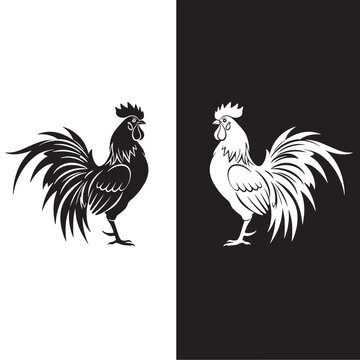 Stylized rooster vector illustration in black and white. A graphic design element of a cockerel for a farm logo or emblem.