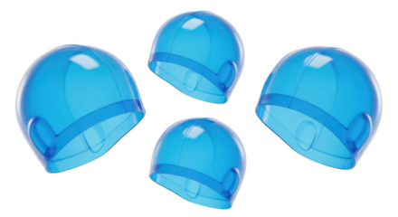 Transparent blue swimming caps float isolated on a white backdrop for aquatic activities representing water safety and fun