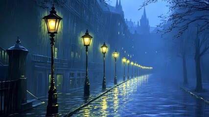 Rainy night street scene,  illuminated by gas lamps - Powered by Adobe