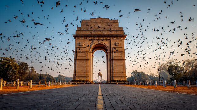 Indian India Gate, New Delhi cityscape, clear sky,  birds in the background
