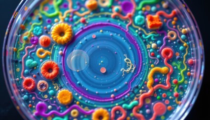 Naklejka premium colorful bacterial colonies spreading in concentric shapes inside petri dish photographed from top down angle