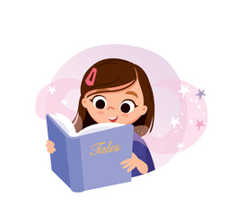 Little girl is reading an exciting book, a fairy tale, a story, adventures, fantasy, siting a the table with a fabulous image in the background. Read book with curiosity and fascination