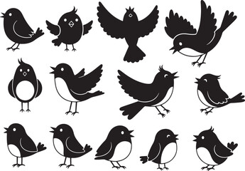 Collection of black silhouette cartoon birds in various poses, bird, birds, silhouette, black, white, cartoon, cute, illustration, graphic, drawing, animal, wildlife, nature, flying, standing, singing