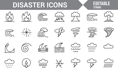 Set of Icons for Various Natural Disasters Including Fire, Flood, and Earthquakes