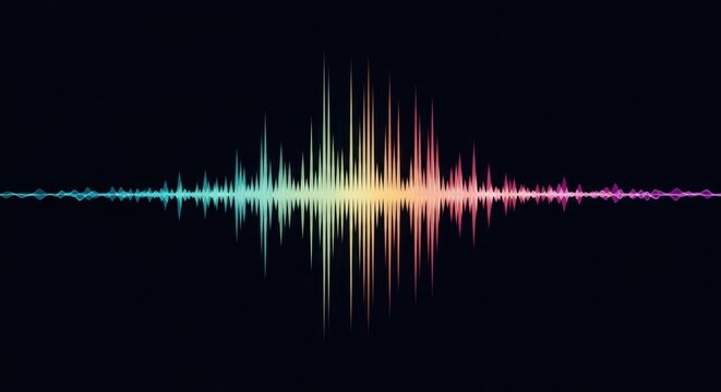 A vibrant rainbowcolored sound wave graphic pulses against a stark black