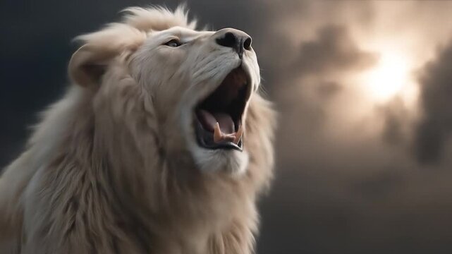 Majestic White Lion Roar with Dramatic Sunset.