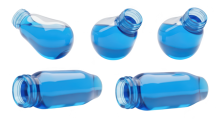 Five transparent blue water bottles tilted at various angles liquid partially full isolated on white background for product mockups or design elements