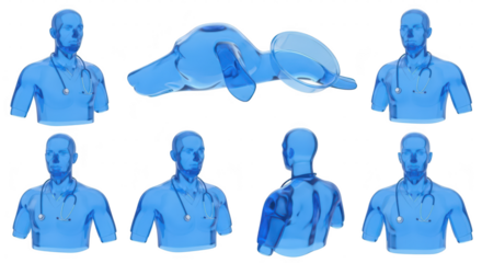 Transparent medical figures demonstrating a doctor with a stethoscope and medical imaging in multiple views against a white background for healthcare visuals