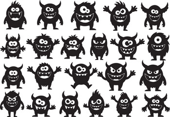 Collection of black silhouette monsters with big eyes and teeth, monster, silhouette, black, white, cartoon, creature, cute, funny, scary, spooky, halloween, character, design, graphic, illustration, 