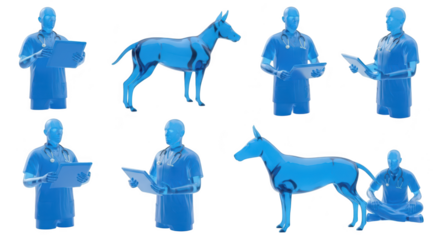 Rendered blue figures of veterinarian with medical charts & dog in various poses set against a white background suggesting veterinary medicine