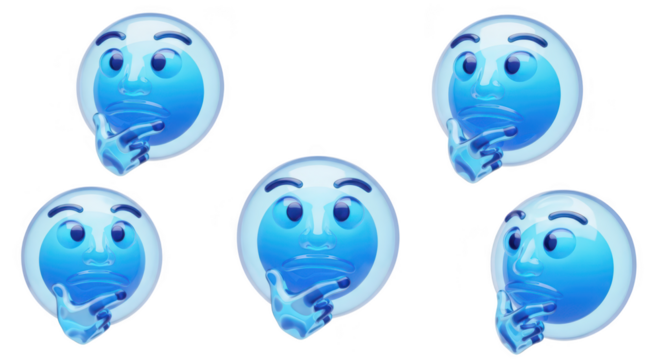 Blue emoji characters contemplating with hands on chin in a white studio ideal for expressing thought analysis and uncertainty