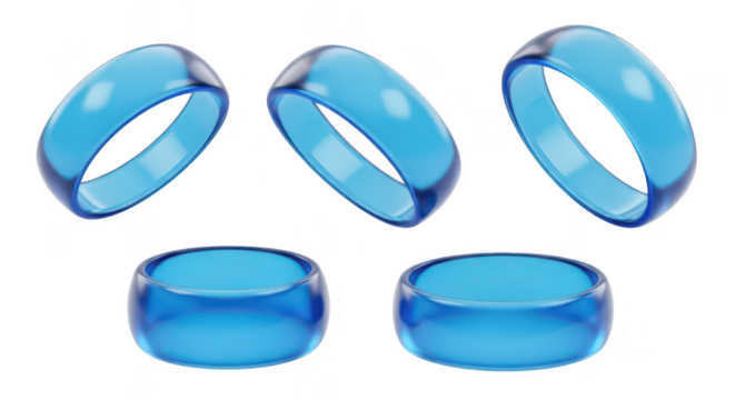 Azure crystal rings are displayed angled on a clean white backdrop showcasing transparent bands for jewelry design or visual representation