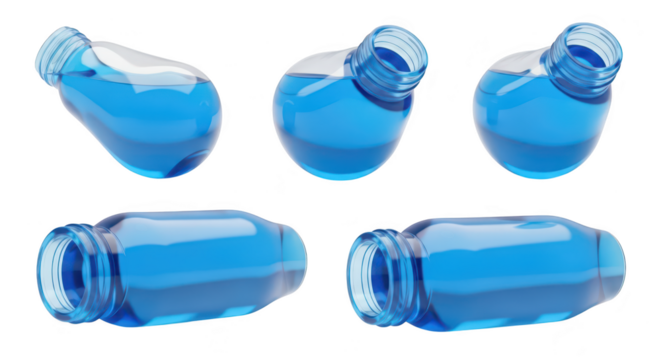 Five transparent blue water bottles tilted at various angles liquid partially full isolated on white background for product mockups or design elements