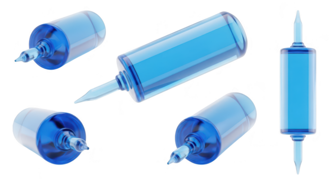 Blue glass syringe models scattered against white background for medical or scientific applications