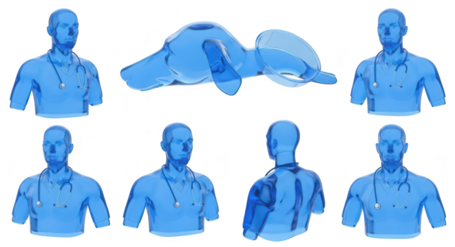 Transparent medical figures demonstrating a doctor with a stethoscope and medical imaging in multiple views against a white background for healthcare visuals - Powered by Adobe