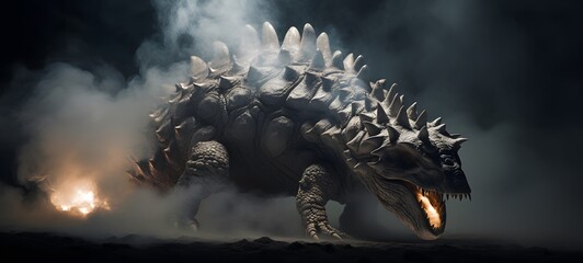 a light Stegosaurus , coming out of the smoke art, generative ai