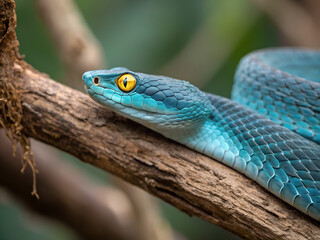 Fototapeta premium Close-Up of Blue Snake Resting on Branch with Bright Yellow Eyes