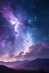 Stunning Night Sky Over Majestic Mountain Range with Colorful Clouds