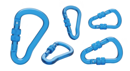 Blue climbing carabiners arranged on a white backdrop showing various angles for product illustration