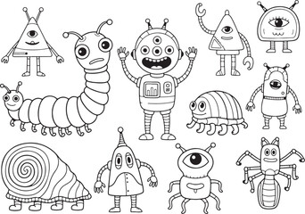 Collection of cartoon monsters and aliens in black and white, alien, monster, cartoon, character, creature, cute, funny, friendly, illustration, drawing, outline, black and white, simple, design, grap