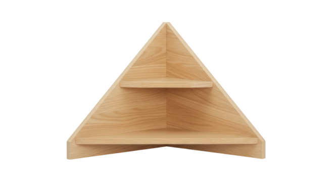 Triangular corner shelf with two shelves.
