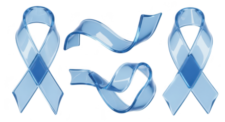 Transparent blue ribbons on a white background representing awareness and support