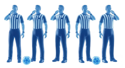 Five referees signaling with a whistle on a white background Can be used for sports communication officiating visuals