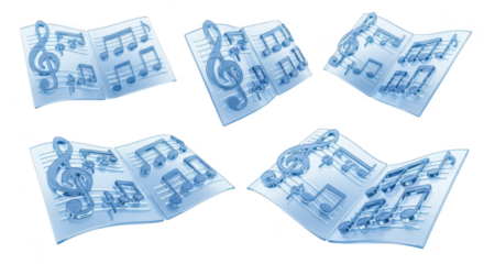 Transparent musical notes in an open book fly in an airy scene on a white background for music education and creative designs