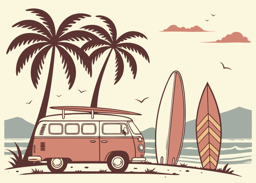 Retro Surfer Lifestyle Illustration with Vintage Beach Van, Palm Trees, Surfboards, and Ocean Scenery