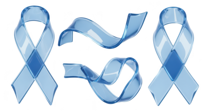 Transparent blue ribbons on a white background representing awareness and support