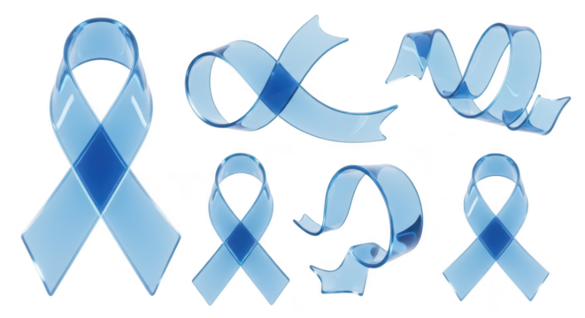 Transparent blue awareness ribbons in various forms against a clean white backdrop used for disease awareness or support