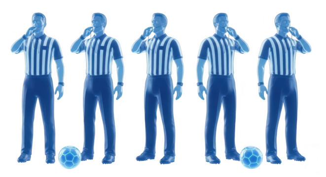 Five referees signaling with a whistle on a white background Can be used for sports communication officiating visuals